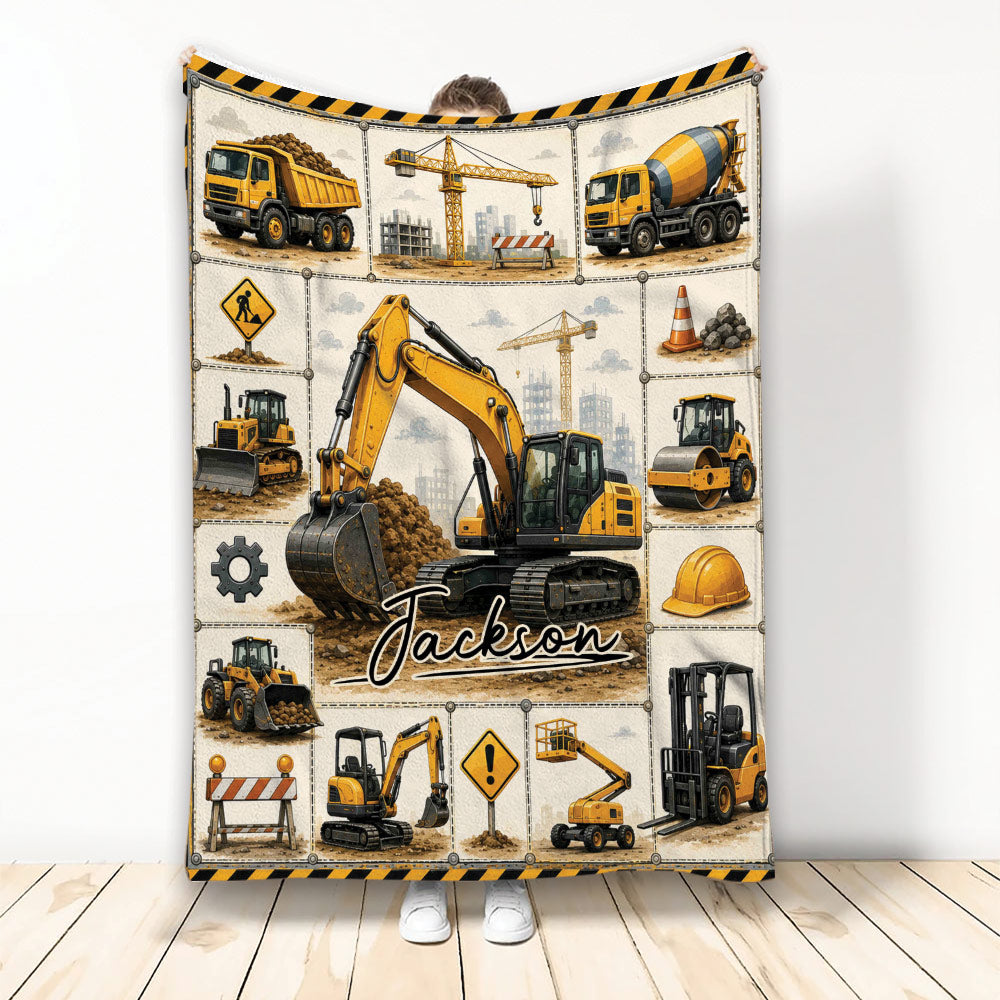 Excavator blanket displayed upright with construction vehicles, cranes, road signs, and worksite artwork