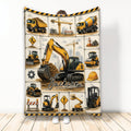 Excavator blanket displayed upright with construction vehicles, cranes, road signs, and worksite artwork