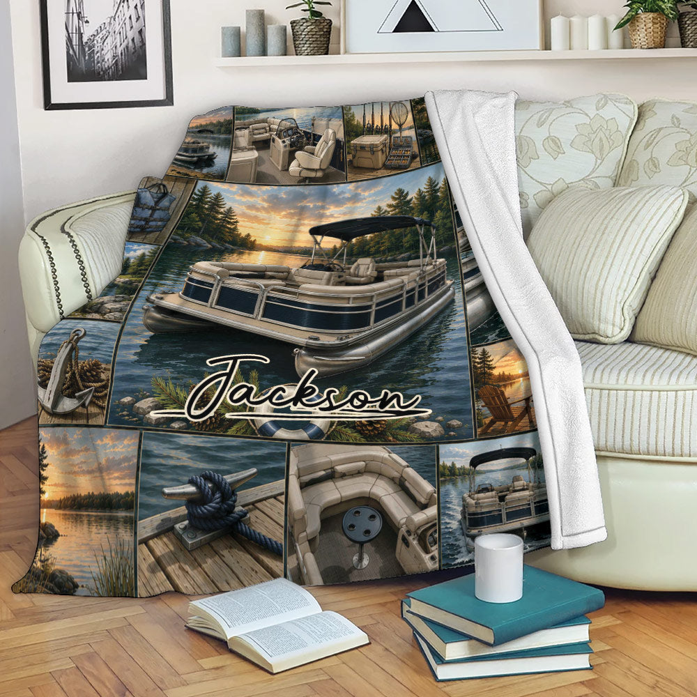 Pontoon boat throw blanket displayed on a sofa with lake scenery, boating gear, and sunset artwork