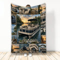Custom pontoon boat blanket with lakeside sunset collage, fishing gear, life jacket, anchor, and boat details