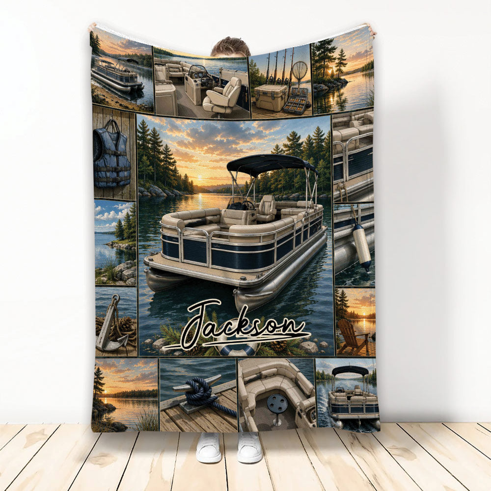 Custom pontoon boat blanket with lakeside sunset collage, fishing gear, life jacket, anchor, and boat details