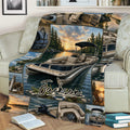 Pontoon boat blanket draped over a couch, featuring a scenic lake, boat collage, anchor, and life jacket
