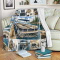 Pontoon boat throw blanket displayed on a sofa with lake, fishing, anchor, and boating collage artwork