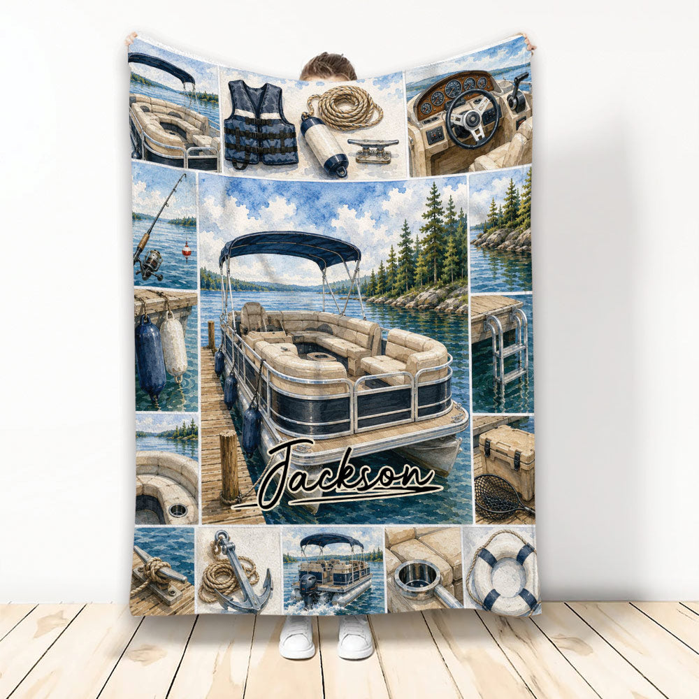 Custom pontoon boat blanket with lake scenery, fishing gear, nautical details, and scenic boating artwork