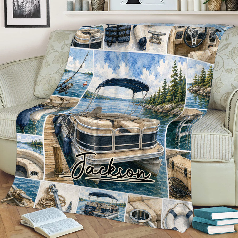 Pontoon boat blanket draped over a sofa, featuring a scenic lake cruise and nautical collage design