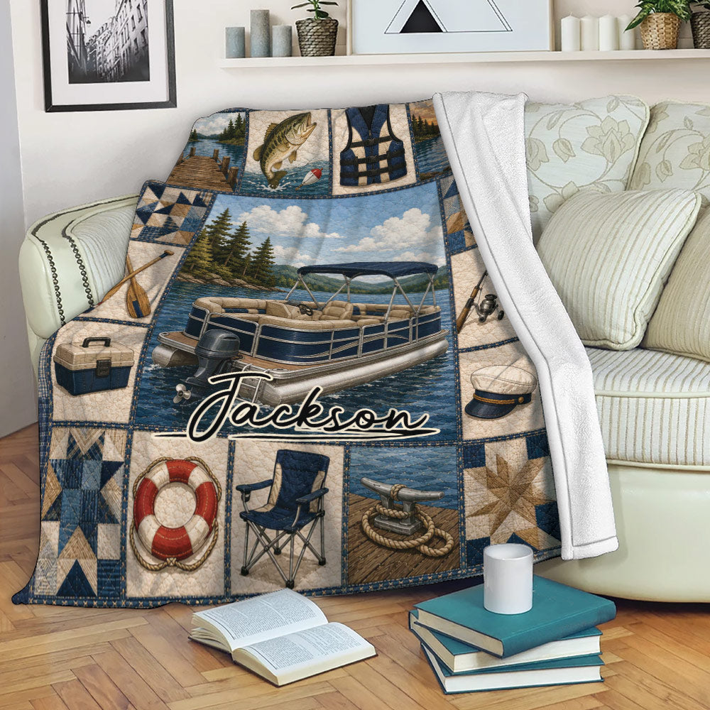 Pontoon boat throw blanket draped over a sofa with lake scenery, fishing, and nautical boating artwork