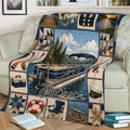 Pontoon boat blanket displayed on a couch with lake, fishing, life vest, and nautical leisure artwork