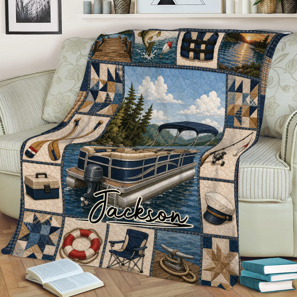 Pontoon boat blanket displayed on a couch with lake, fishing, life vest, and nautical leisure artwork