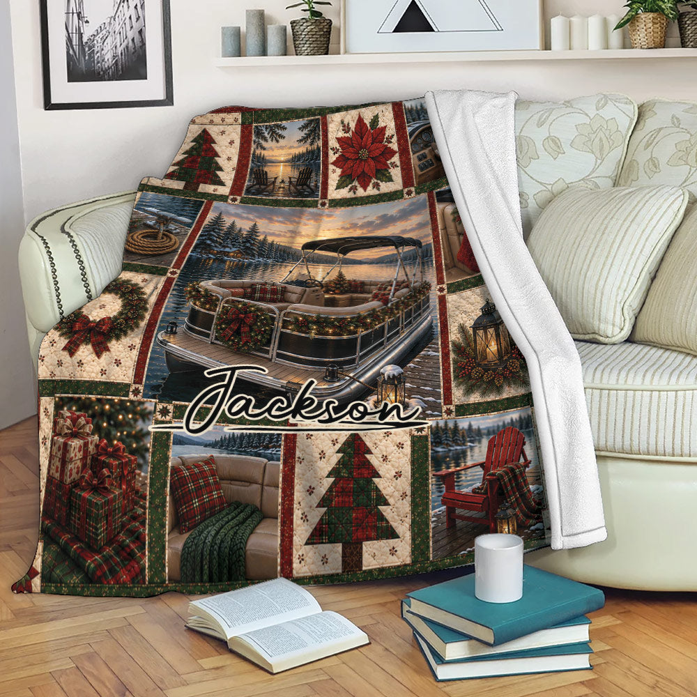 Pontoon boat throw blanket displayed on a sofa with festive lakeside artwork and a soft white reverse