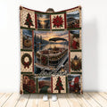 Pontoon boat blanket with scenic lake artwork, evergreen trees, holiday decorations, and cozy cabin details