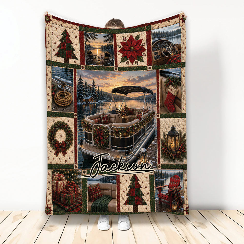 Pontoon boat blanket with scenic lake artwork, evergreen trees, holiday decorations, and cozy cabin details