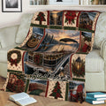 Pontoon boat blanket draped over a sofa, featuring sunset lake scenery, holiday greenery, and cabin accents