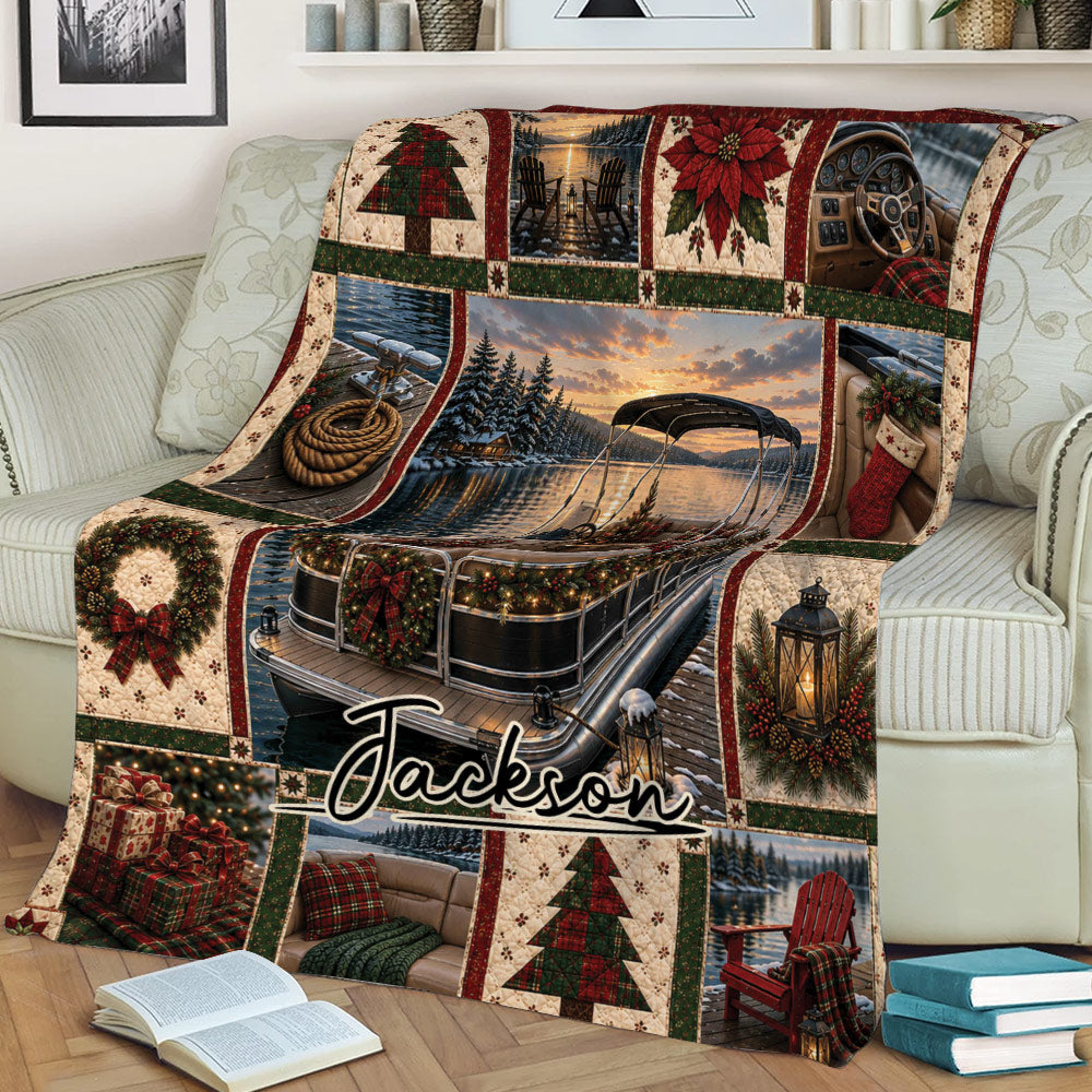 Pontoon boat blanket draped over a sofa, featuring sunset lake scenery, holiday greenery, and cabin accents