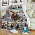 Moose blanket draped over a sofa, featuring a scarf-wearing moose in a snowy alpine forest collage