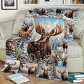 Cozy sofa setting with a detailed moose throw blanket showcasing winter wildlife and mountain scenery