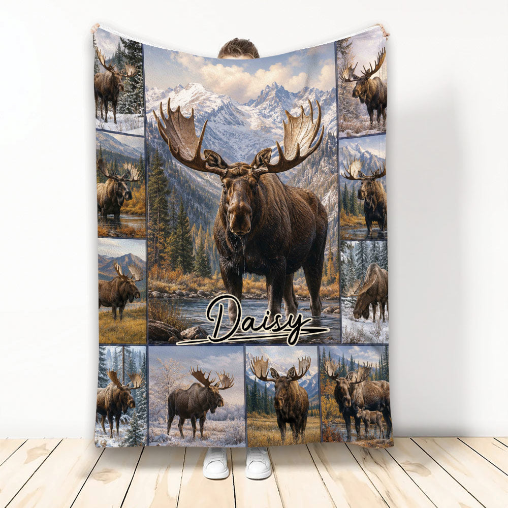 Moose throw blanket displayed with a large moose and mountain wilderness collage artwork