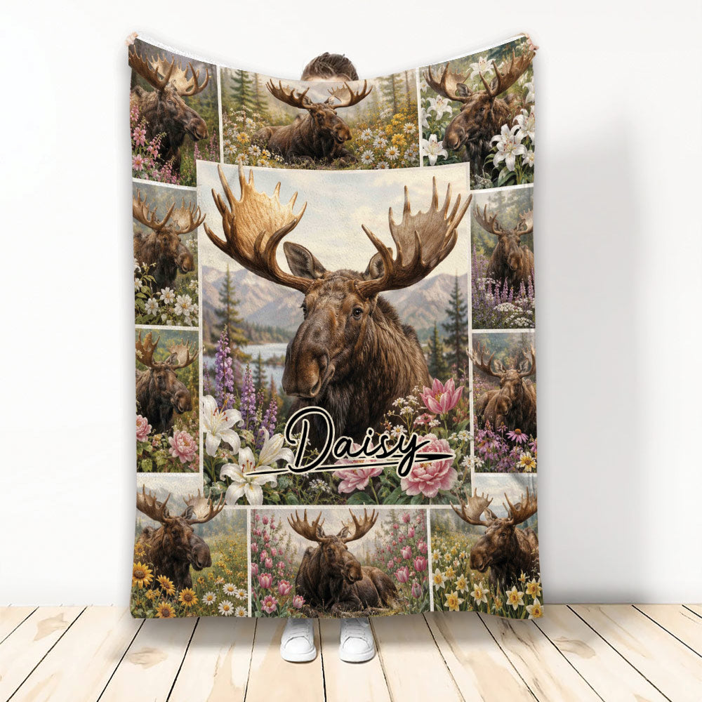 Moose throw blanket displayed upright with a floral wildlife collage and mountain lake artwork