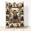 Christmas moose throw blanket with festive plaid, snowy cabin scenery, evergreen branches, and woodland artwork