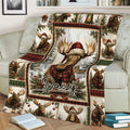 Festive moose throw blanket displayed on a sofa with Santa hats, plaid accents, pine branches, and winter scenery