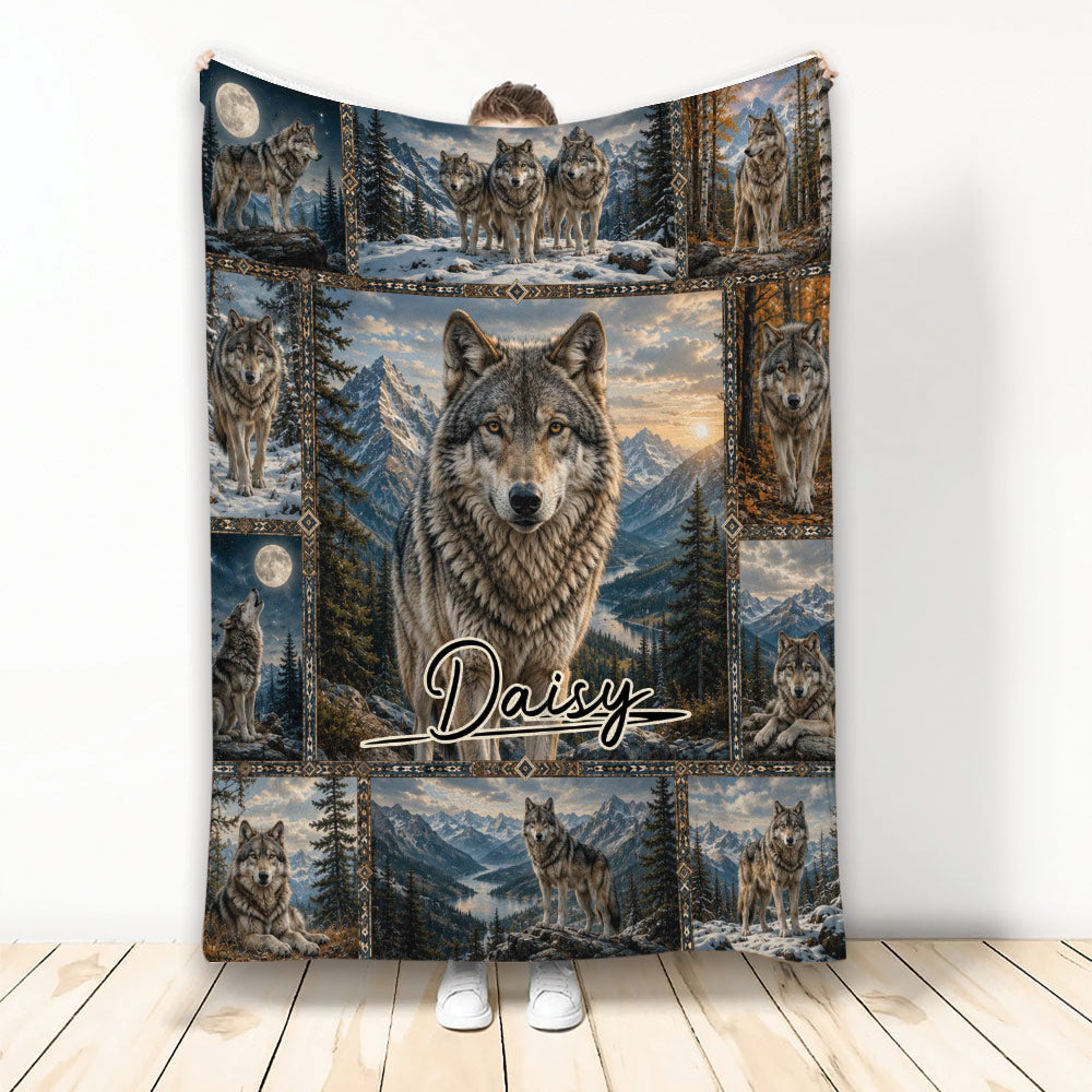 Wolf throw blanket displayed with a mountain wilderness collage, snowy forests, moonlight, and central wolf artwork