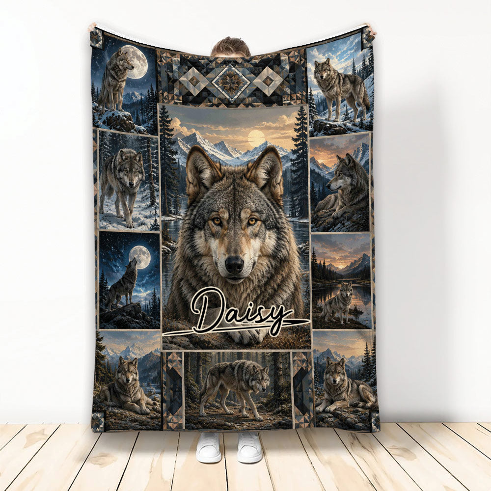 Wolf blanket displayed with a central wildlife scene, moonlit mountains, forest panels, and geometric borders