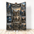 Wolf blanket displayed with a central wildlife scene, moonlit mountains, forest panels, and geometric borders