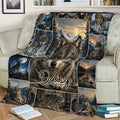 Wolf blanket styled on a sofa with a close-up wolf, forest scenery, mountain views, and nighttime artwork