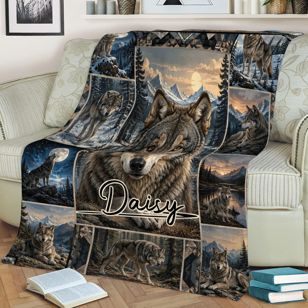 Wolf blanket styled on a sofa with a close-up wolf, forest scenery, mountain views, and nighttime artwork