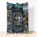 Wolf throw blanket featuring a collage of realistic wolves, mountain scenery, pine forests, moonlight, and aurora colors