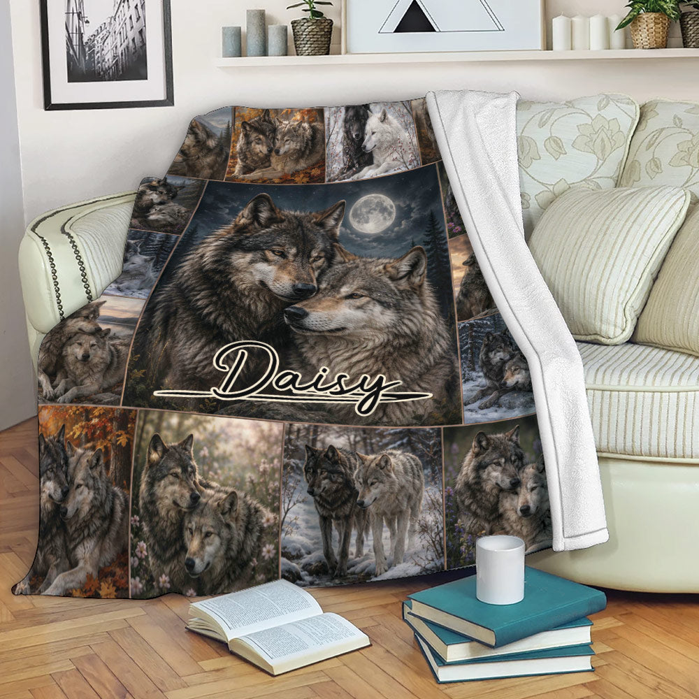 Wolf throw blanket draped over a sofa, featuring a moonlit wolf pair and woodland collage artwork