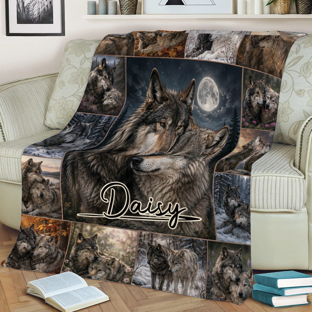 Close view of a wolf blanket on a sofa with detailed wildlife scenes and a moonlit wolf pair