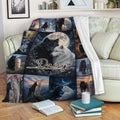 Wolf blanket draped over a sofa with black and white wolf artwork and scenic nature panels