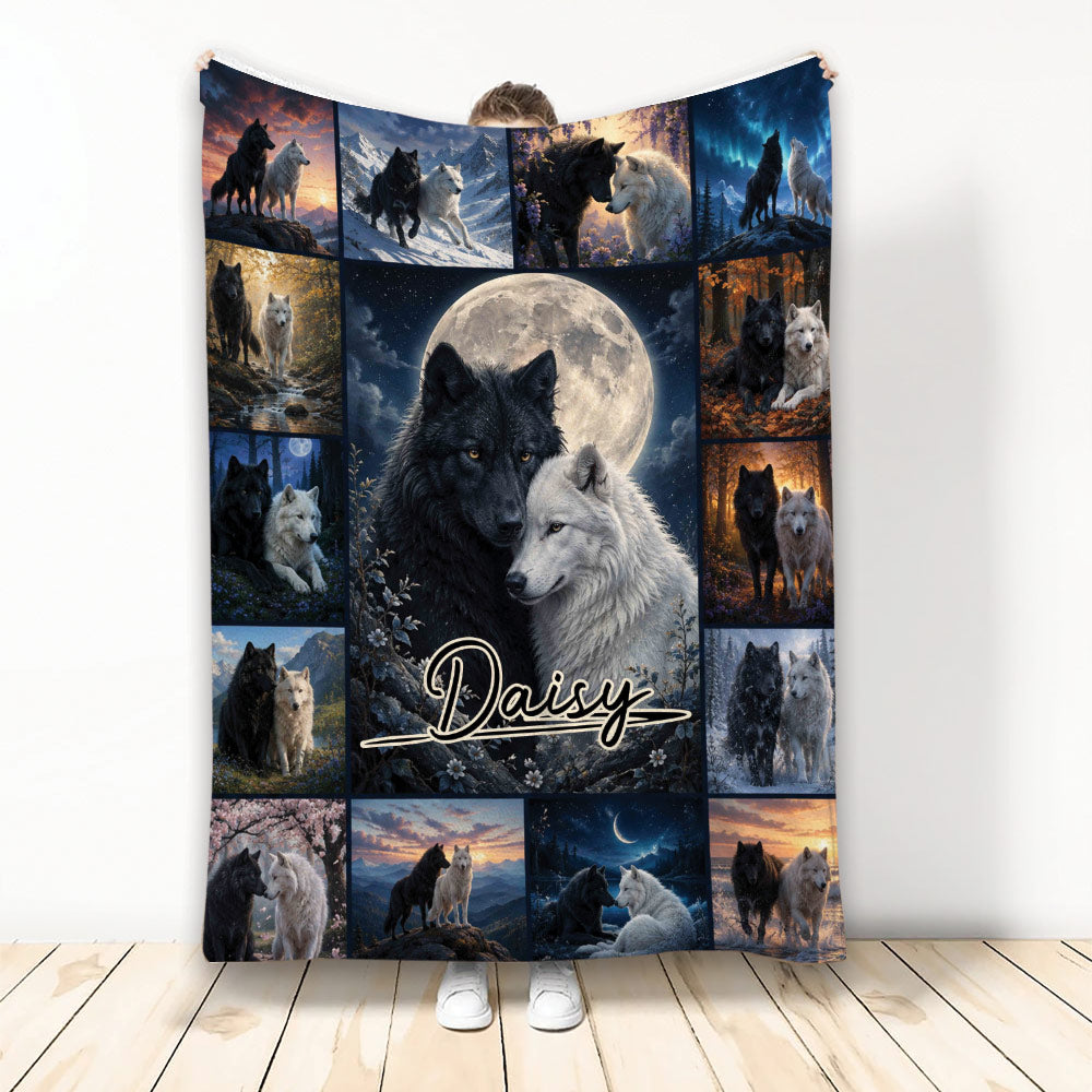 Wolf throw blanket featuring black and white wolves, moonlit scenery, and a dramatic wildlife collage