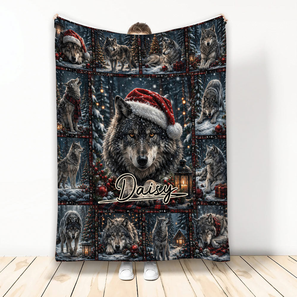 Christmas wolf throw blanket featuring a central wolf in a Santa hat and winter forest scenes