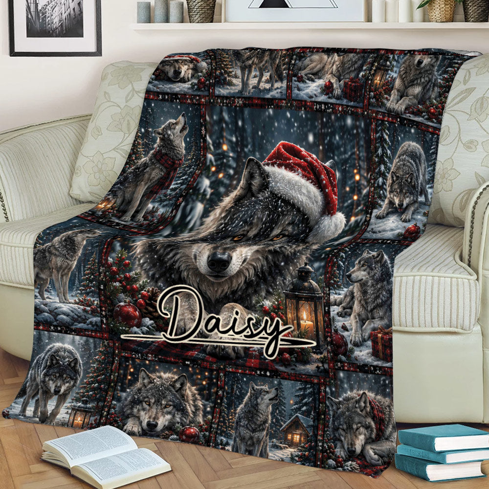 Wolf throw blanket displayed on a sofa with festive winter forest and lantern details