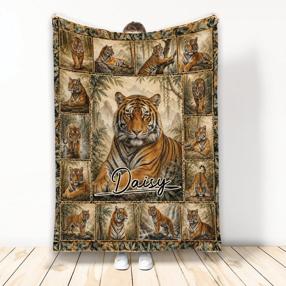 Tiger throw blanket displayed upright with a central tiger portrait and surrounding wildlife scenes