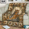 Close view of tiger artwork on a sofa blanket surrounded by smaller tiger scenes