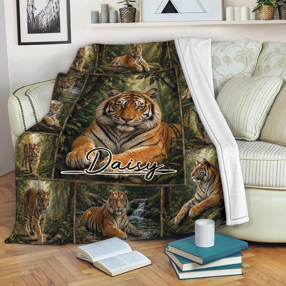 Tiger throw blanket draped over a sofa with wildlife artwork in a forest and waterfall scene