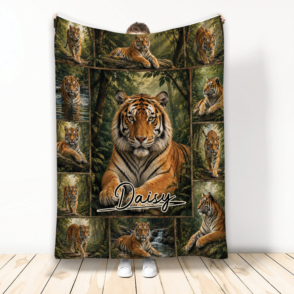 Tiger throw blanket displayed upright with a central tiger portrait and forest collage artwork