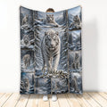 White tiger throw blanket featuring multiple tigers in a snowy mountain forest collage