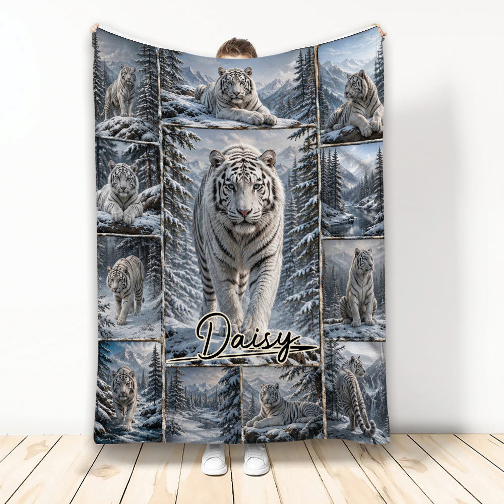White tiger throw blanket featuring multiple tigers in a snowy mountain forest collage