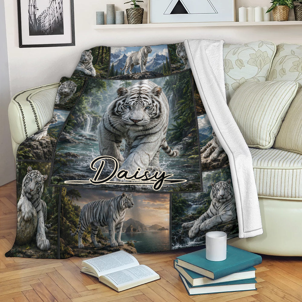 White tiger throw blanket draped over a sofa in a cozy living room setting