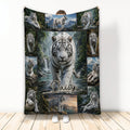 White tiger collage blanket featuring wildlife scenes, mountain landscapes, forests, and waterfalls