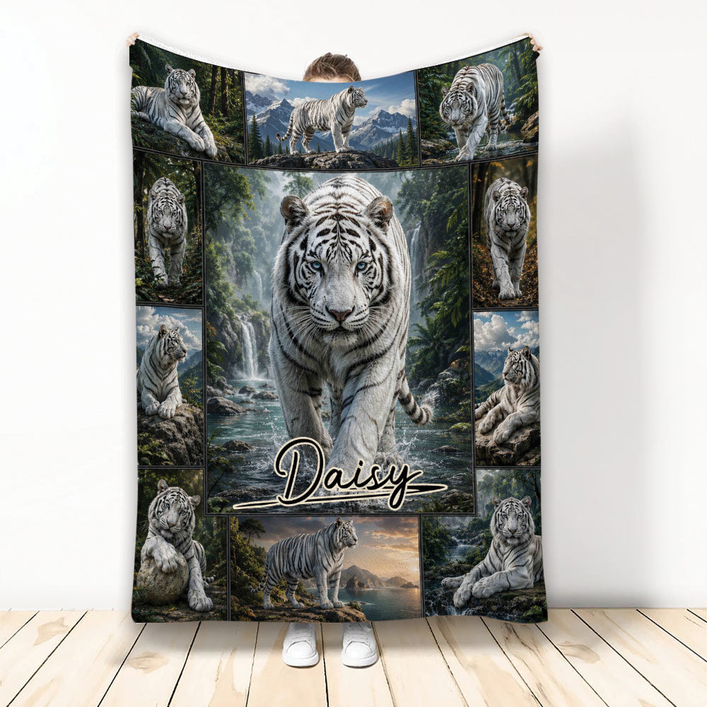 White tiger collage blanket featuring wildlife scenes, mountain landscapes, forests, and waterfalls