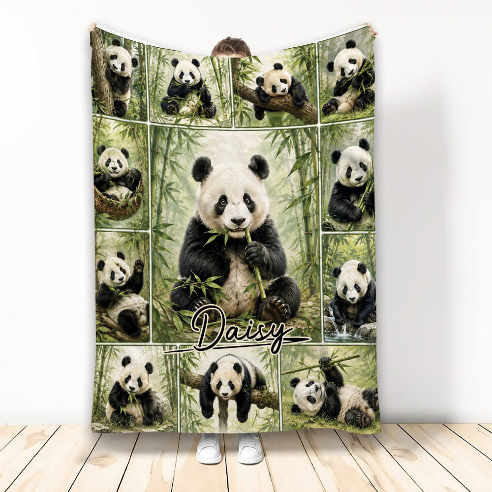 Panda throw blanket featuring a bamboo forest collage with multiple playful pandas