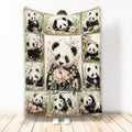 Floral panda throw blanket displayed upright with multiple playful pandas, bamboo, and pink flowers