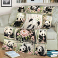 Panda throw blanket spread across a sofa with blooming flowers, bamboo, and playful panda scenes