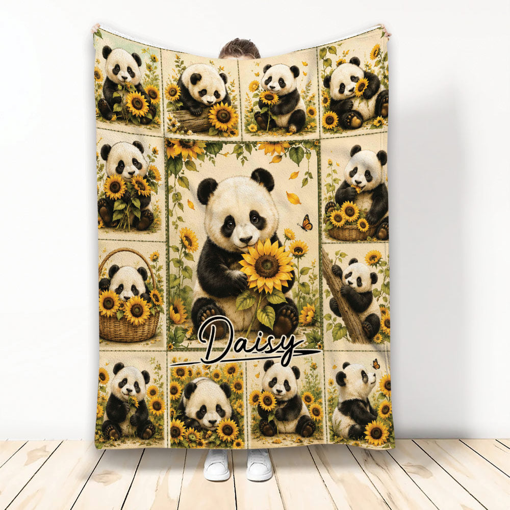 Panda blanket featuring multiple pandas holding sunflowers in a warm vintage-inspired collage