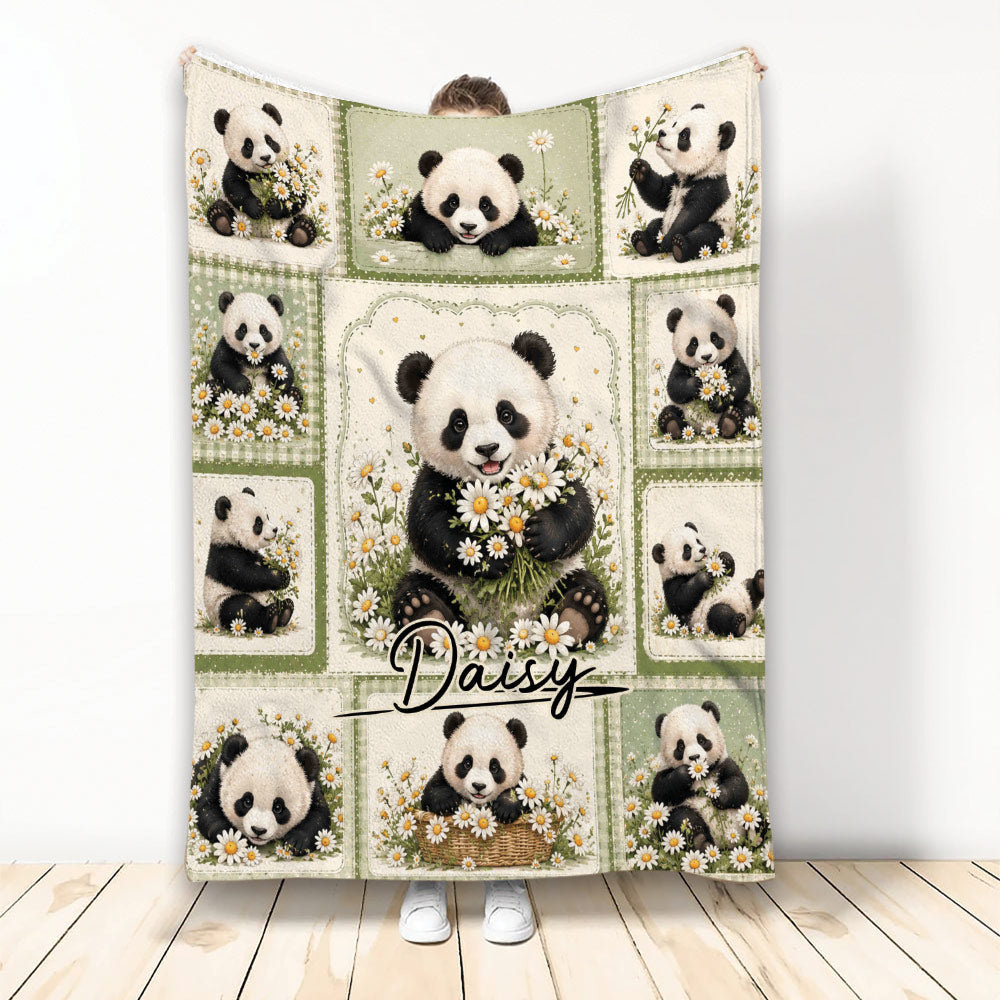Panda throw blanket featuring cute pandas with white daisies in a soft green collage design