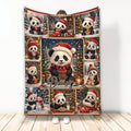 Christmas panda throw blanket displayed with festive scenes, presents, ornaments, trees, and snowy holiday artwork
